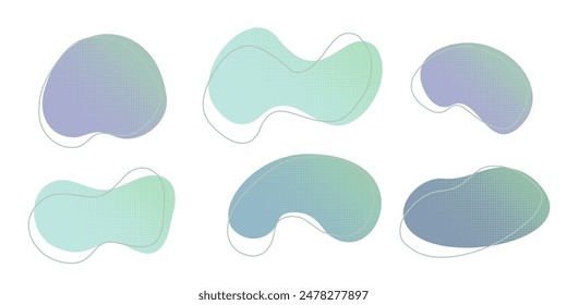 Blue liquid halftone drops water shapes set, splashes collection. Paint spot, blot, rain puddle, oil blobs. Irregular abstract graphic design elements Transparent background. Vector illustration.