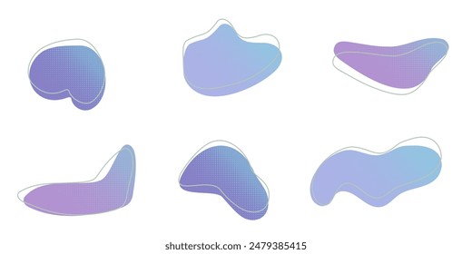 Blue liquid halftone drops water shapes set, splashes collection. Paint spot, blot, rain puddle, oil blobs. Irregular abstract graphic design elements Transparent background. Vector illustration.