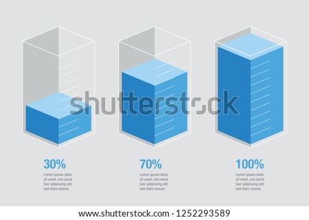 Blue liquid histogram glass bars display. 30% 70% 100% numbers & text. Flat design illustration inforchart infographic elements for app ui ux web banner button vector isolated on white background