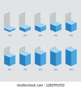 Blue liquid histogram glass template from 10% to 100%. Flat design infochart / infographic template with text, isolated on white background, isometric illustration concept vector eps 10