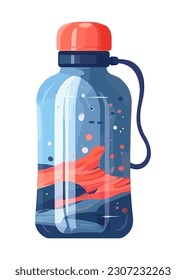 Blue liquid in plastic bottle with wave icon isolated