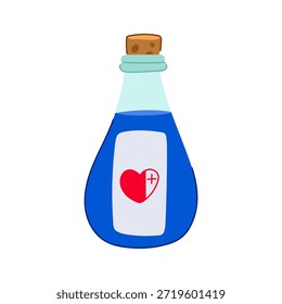 Botella de poción líquida azul con un tapón de corcho y una etiqueta de símbolo de corazón rojo más, que representa la recuperación y la energía vital para juegos y conceptos de fantasía