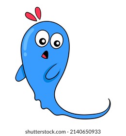 a blue liquid shaped ghost with a surprised face, vector illustration art. doodle icon image kawaii.