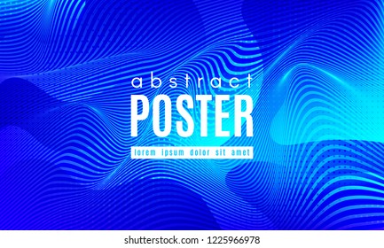 Blue Liquid Shapes. Abstract Poster with Distortion of Wave Stripes. Vector Gradient Background with Movement of Liquid. 3d and Light Effect. Minimal Template for Web Page. Blue Liquid Composition.
