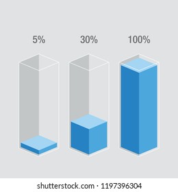Blue liquid slim histogram glass bars. 5% 30% 100% numbers & text. Flat design illustration inforchart infographic elements for app ui ux web banner button vector isolated on white background