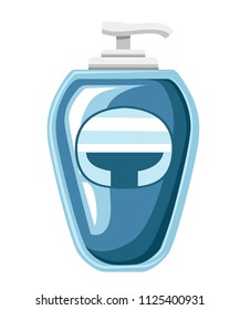 Blue liquid soap bottle. Cosmetic container with dispenser. Flat cartoon style. Vector illustration isolated on white background.