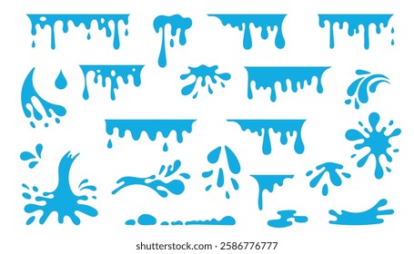 Blue liquid splash and drip vector set. A collection of blue liquid splash and drip vector illustrations, perfect for design projects, water effects, and creative backgrounds