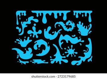 Blue liquid and splash shapes form an abstract pattern on a black background, creating a bold fluid illustration ideal for marketing backgrounds, posters, education graphics, and digital design projects.