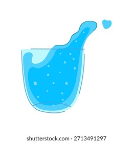 El líquido azul salpica de un vaso de beber como una sola gota forma un corazón, simbolizando la hidratación fresca y pura, la salud refrescante y el amor por el agua