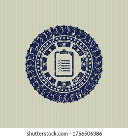 Blue list icon inside distress grunge seal. 
