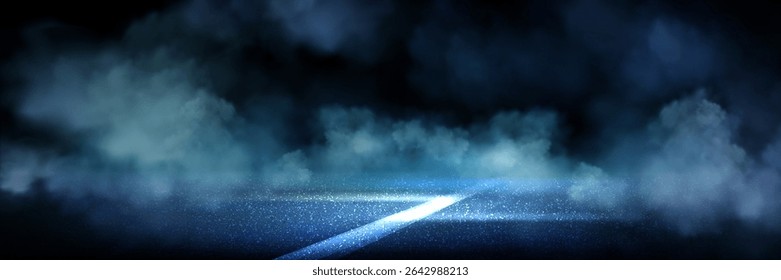 Estrada de asfalto iluminada azul com marcação branca em nuvens de fumaça. Atmosfera de corrida noturna com superfície de pavimento brilhante no escuro bg. Efeitos de neblina dramática na cena misteriosa da rua para competição de auto ou velocidade.