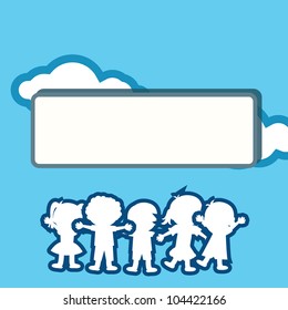 blue little children and clouds with white empty banner