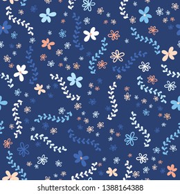 Blue little flowers texture vector seamless pattern. Great for wallpaper, backgrounds, invitations, packaging design projects. Surface pattern design. Vector