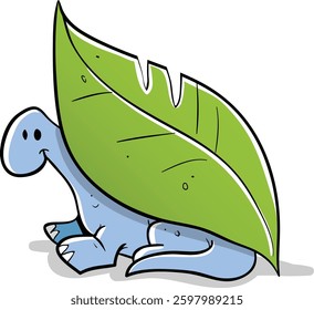 Blue little shy dinosaur hiding behind leaf