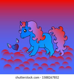 blue little unicorn with wings and  heart