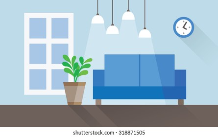 blue living room interior flat vector illustration
