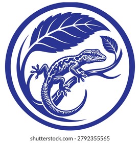 A blue lizard sitting on a branch with leaves inside a circular frame