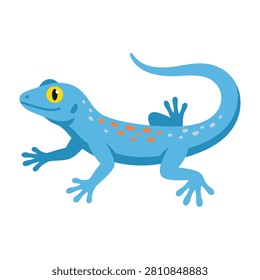 A blue lizard with a yellow eye and orange spots on its body is walking on the ground, looking alert and curious. The lizard's vibrant colors and dynamic pose make it perfect for educational or creative projects.