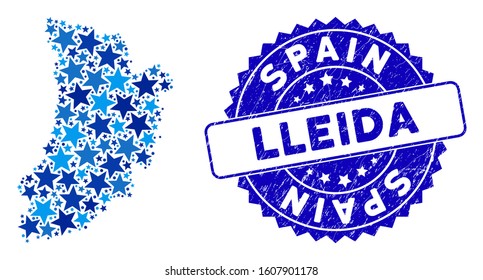 Blue Lleida Province map mosaic of stars, and scratched rounded seal. Abstract geographic scheme in blue color hues. Vector Lleida Province map is designed of blue stars.