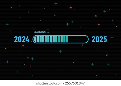 Blue loading bar from 2024 to 2025 on black background with sparkling stars. New Year concept.