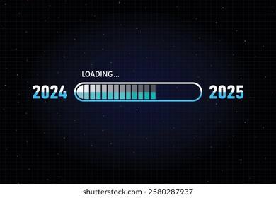 Blue loading bar from 2024 to 2025 on a dark blue background. New Year concept