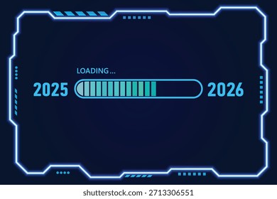 Blaue Ladeleiste von 2025 bis 2026 auf modernem dunkelblauem und schwarzem Hintergrund. Neujahrskonzept