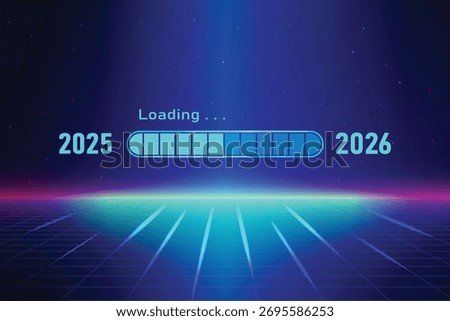 Blue loading bar from 2025 to 2026 on Retro Futurism Sci-Fi Background. glowing blue neon grid. and stars from vintage arcade computer background. New Year concept