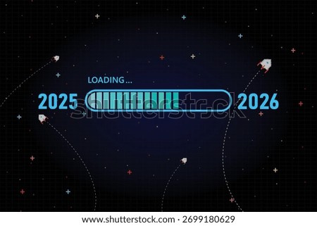 Blue loading bar from 2025 to 2026 on a dark blue game retro background. New Year concept