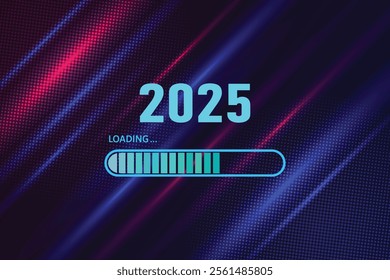 Blue loading bar to 2025 on Abstract game background with blue pink light. Suit for esport and gaming competition.