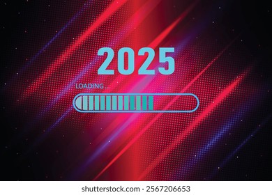 Blue loading bar to 2025 on Abstract game background with blue pink light. Suit for esport and gaming competition.