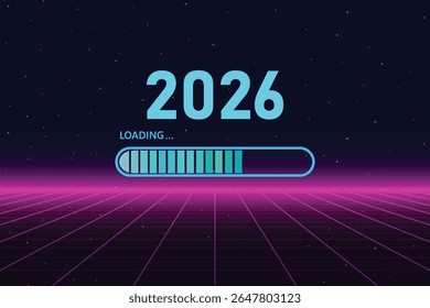 Barra de carga azul paso a 2026 sobre fondo azul oscuro. Concepto de Año Nuevo	