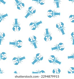 blue lobster seamless print, vector template for textile, fabric, marine creative pattern of crayfishes on white background