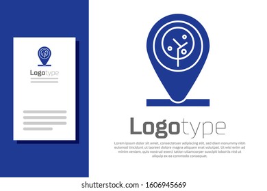 Blue Location and abstract tree icon isolated on white background. Logo design template element. Vector Illustration