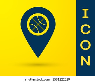 Blue Location with basketball ball inside icon isolated on yellow background.  Vector Illustration