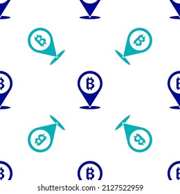 Blue Location bitcoin icon isolated seamless pattern on white background. Physical bit coin. Blockchain based secure crypto currency.  Vector
