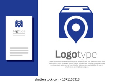 Blue Location with cardboard box icon isolated on white background. Delivery services, logistic and transportation, relocation, distribution. Logo design template element. Vector Illustration