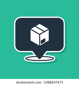 Blue Location with cardboard box icon isolated on green background. Delivery services, logistic and transportation, distribution.  Vector