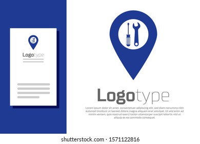 Blue Location with crossed screwdriver and wrench tools icon isolated on white background. Pointer settings symbol. Logo design template element. Vector Illustration