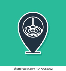 Blue Location fishing icon isolated on green background. Fishing place.  Vector Illustration