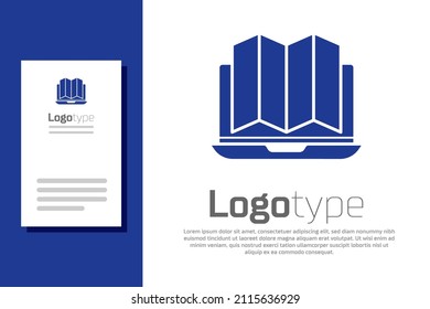 Blue Location of the forest on a map in laptop icon isolated on white background. Logo design template element. Vector Illustration