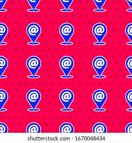 Ubicación azul y icono de correo y correo electrónico aislados sin problemas en el fondo rojo. Símbolo de sobres e-mail. Signo de mensaje de correo electrónico. Ilustración vectorial