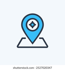 Ícone azul do mapa de localização com navegação por símbolos de pino e de destino e tecnologia GPS. Ideal para conceitos de mapeamento, geolocalização e aplicações de viagem.