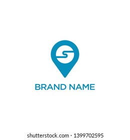 Blue location mark logo. Shape on the circle can be S letter nor a road.