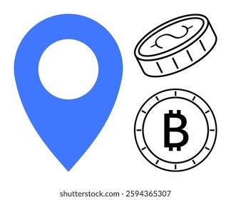 Blue location marker, black outline of generic coin, and Bitcoin symbol coin. Ideal for fintech, cryptocurrency, investment, finance, technology, digital payments, and economic analysis. Line