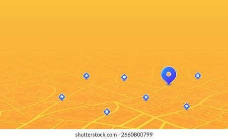 Marcador de ubicación azul. Sistema de rastreo GPS para navegar por los Lugares famosos de la ciudad. Abstractas mapa de la ciudad con fondo naranja e íconos de ubicación que marcan varios puntos de interés. Ilustración vectorial