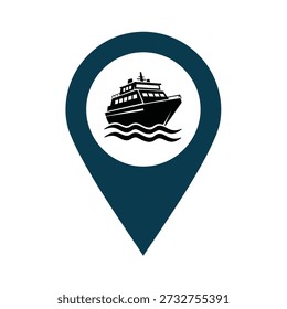 Un icono de marcador de ubicación azul con una silueta negra de un ferry navegando en las olas dentro de un círculo blanco