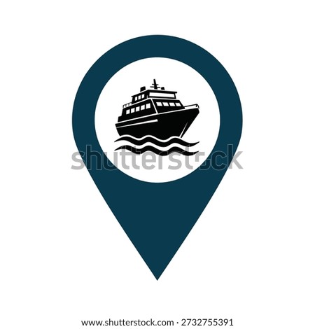 A blue location marker icon featuring a black silhouette of a ferry boat sailing on waves within a white circle