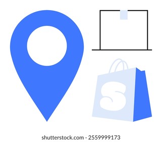 Blue location marker store shopping bag with a letter S and black storefront sign. Ideal for navigation ecommerce retail store locations and mapping apps. Simple minimalistic style