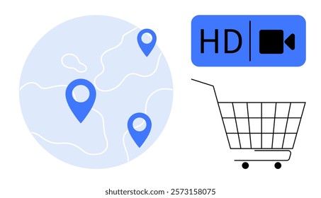 Blue location markers on a globe with HD video symbol and shopping cart. Ideal for e-commerce, online shopping, global business, video streaming, and digital maps. Minimalist modern style