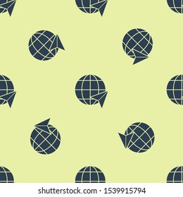 Blue Location on the globe icon isolated seamless pattern on yellow background. World or Earth sign.  Vector Illustration